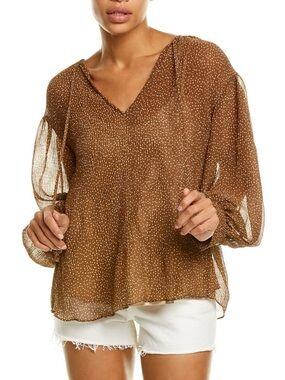 Vince Brown Blouse Polka Dot Sheer Long Sleeve M